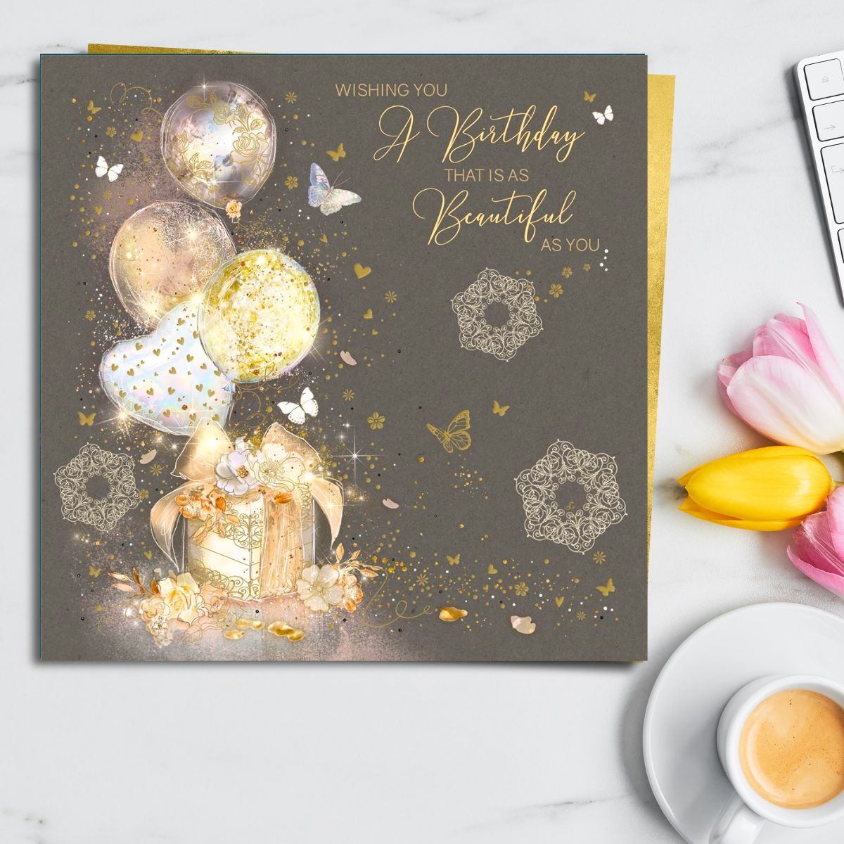 Grace Birthday Card - White Balloons & Butterflies