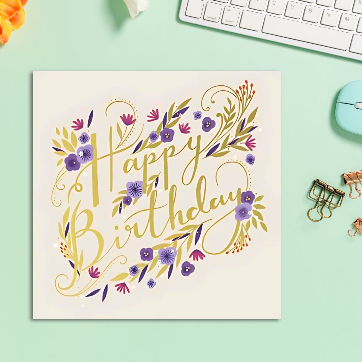 Damson Noire Birthday Card - Happy Birthday Pink & Purple Flowers