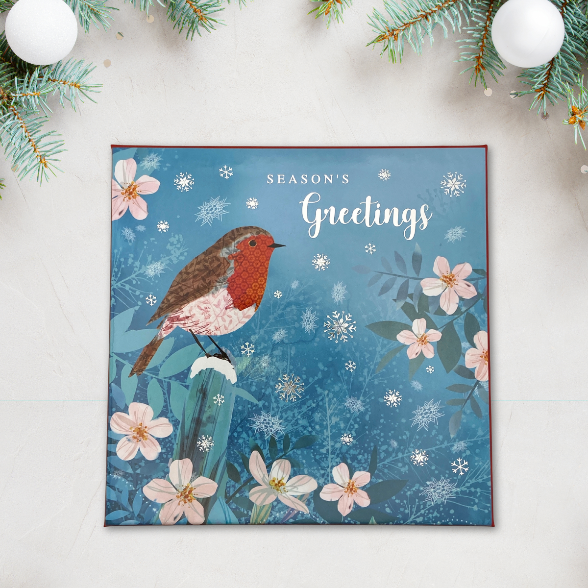 10 x Christmas Cards In Box - Foiled Robin & Flowers