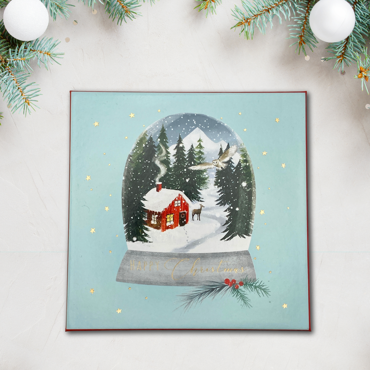 10 x Christmas Cards In Box - Foiled Snowglobe & Stars