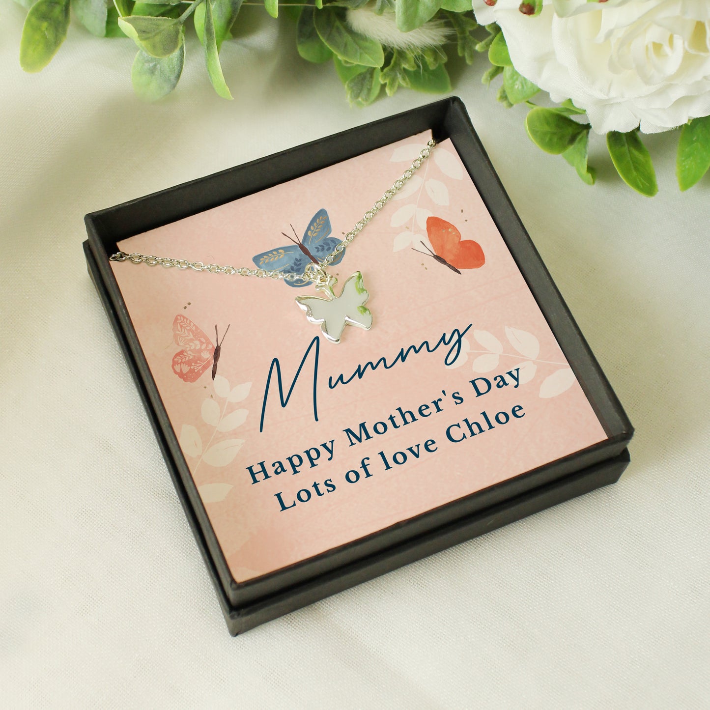 Personalised Mothers Day - Butterfly Sentiment Necklace and Box