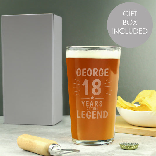 Age 18 Gift - Personalised Years of This Legend Birthday Pint Glass