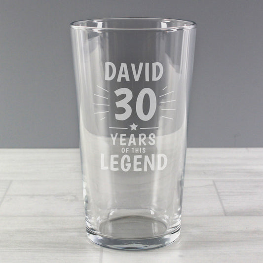 Age 30 Gift - Personalised Years of This Legend Birthday Pint Glass