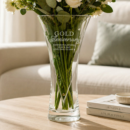 50th Anniversary Gift - Personalised Gold Anniversary Large Hand Cut Diamante Heart Vase