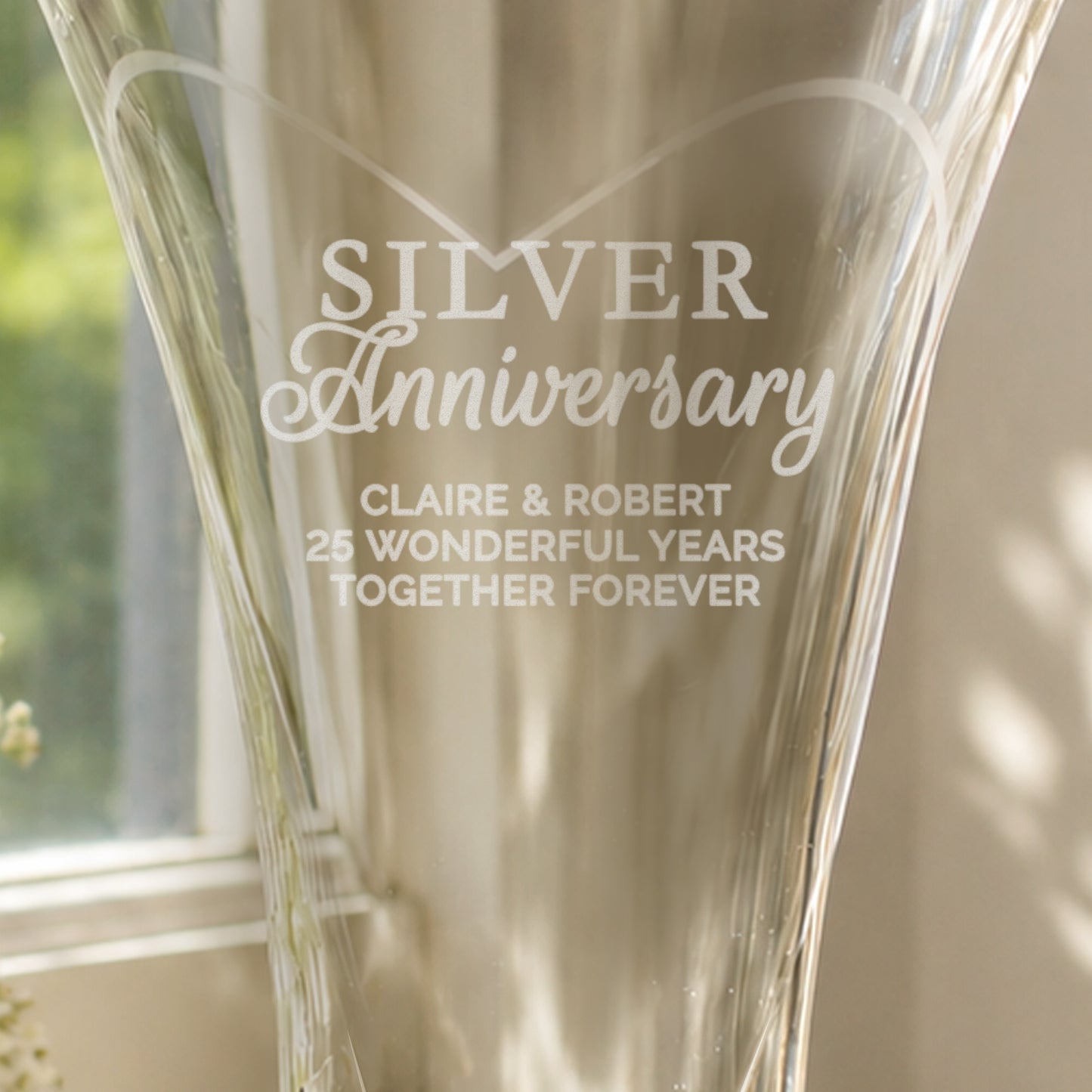 25th Anniversary Gift - Personalised Silver Anniversary Large Hand Cut Diamante Heart Vase