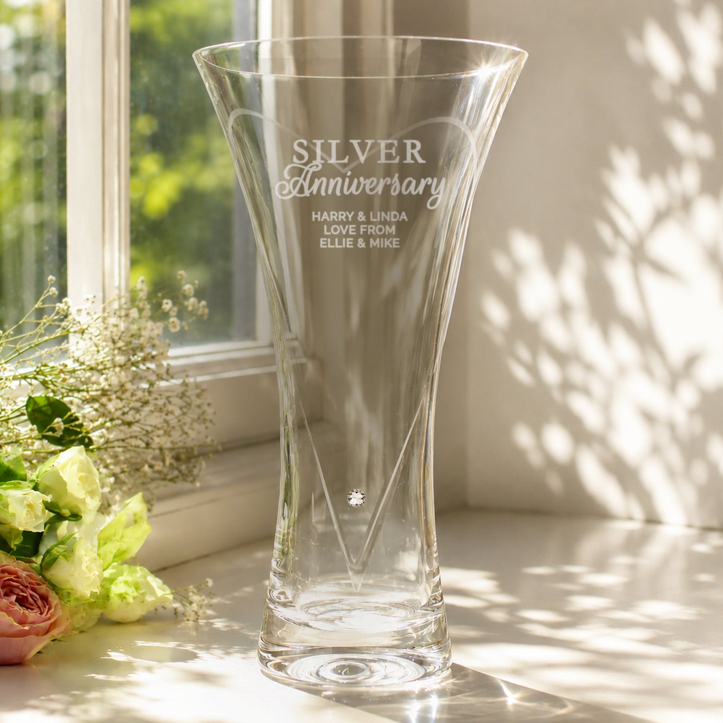 25th Anniversary Gift - Personalised Silver Anniversary Large Hand Cut Diamante Heart Vase