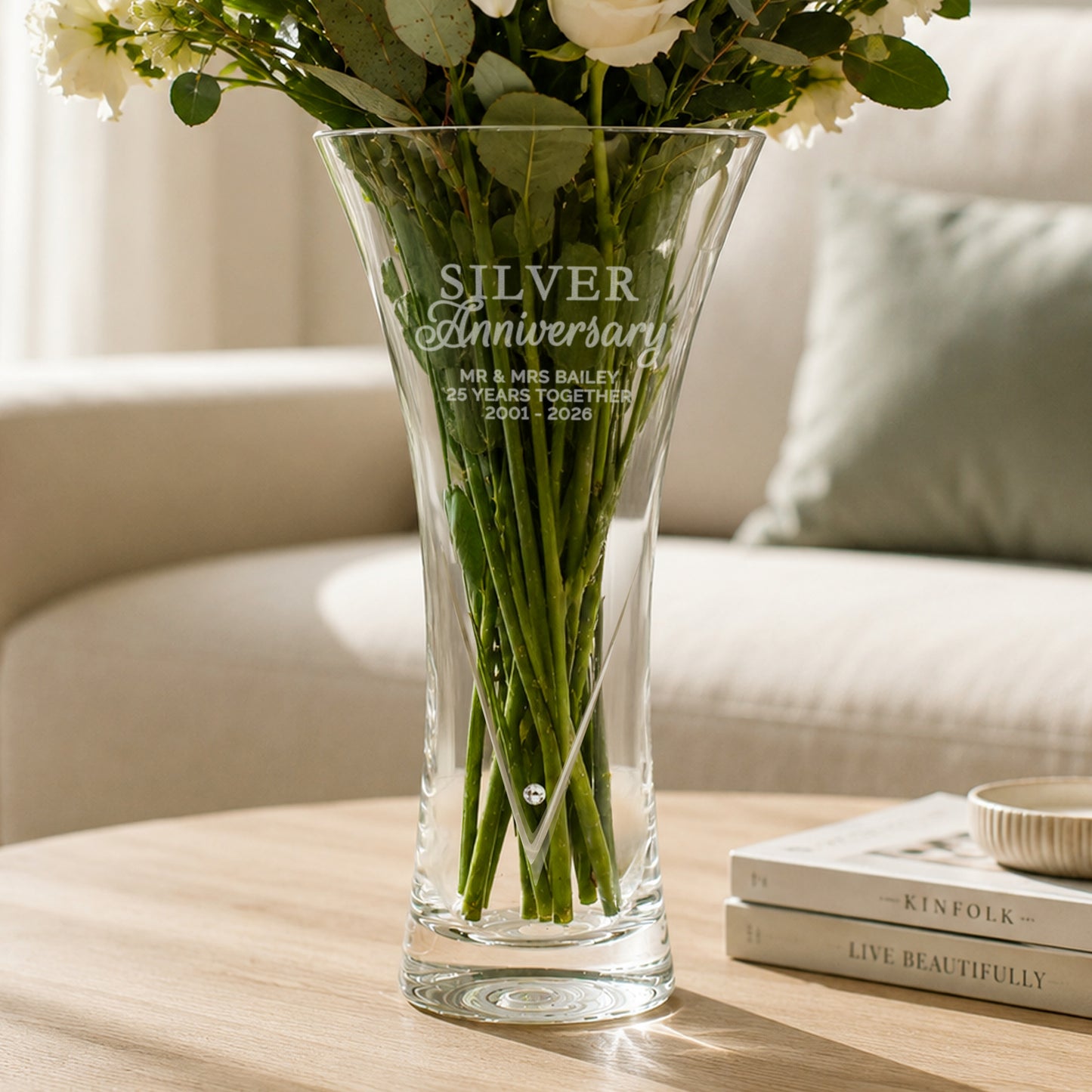 25th Anniversary Gift - Personalised Silver Anniversary Large Hand Cut Diamante Heart Vase
