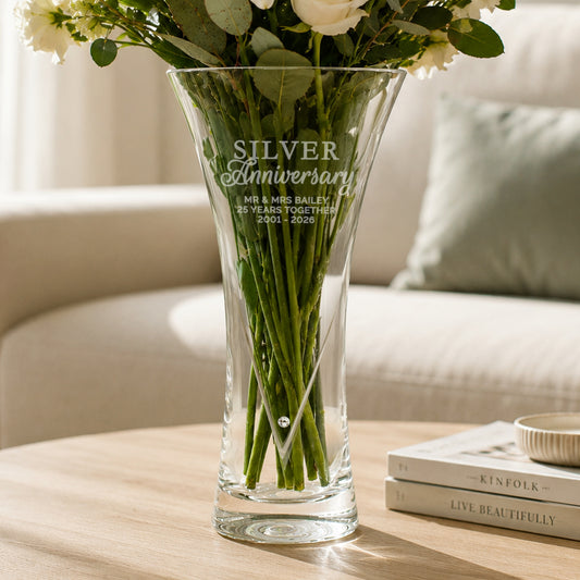 25th Anniversary Gift - Personalised Silver Anniversary Large Hand Cut Diamante Heart Vase