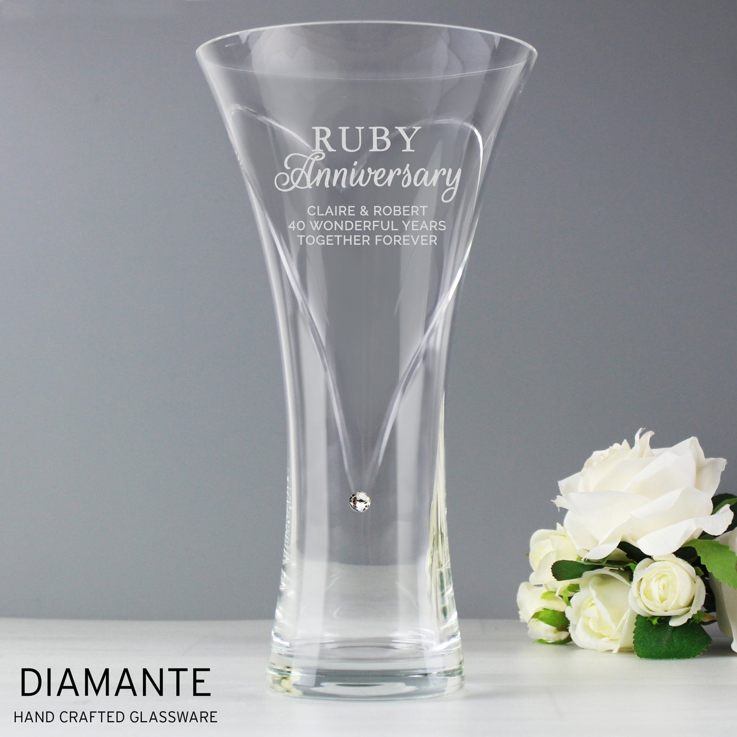 40th Anniversary Gift - Personalised Ruby Anniversary Large Hand Cut Diamante Heart Vase