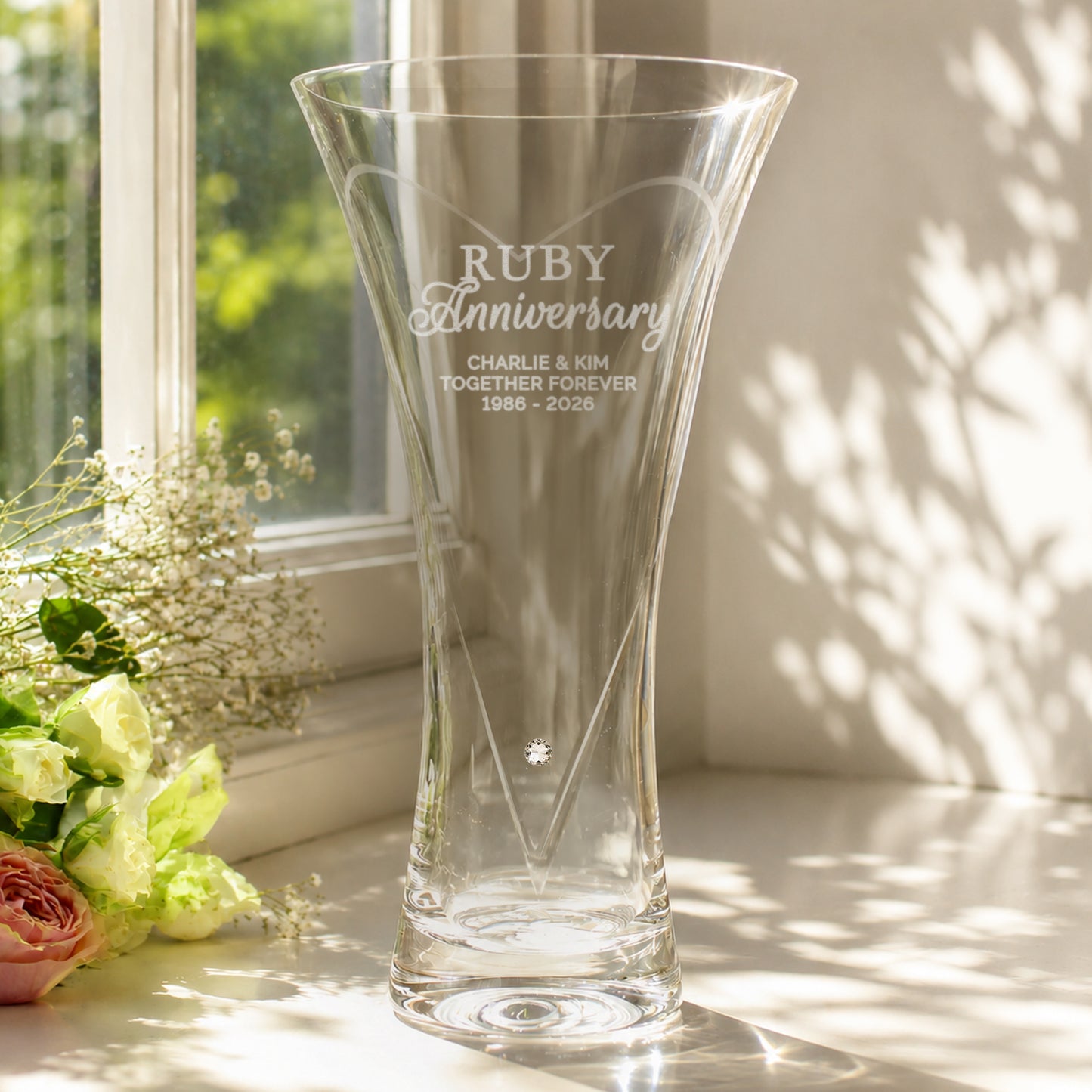 40th Anniversary Gift - Personalised Ruby Anniversary Large Hand Cut Diamante Heart Vase