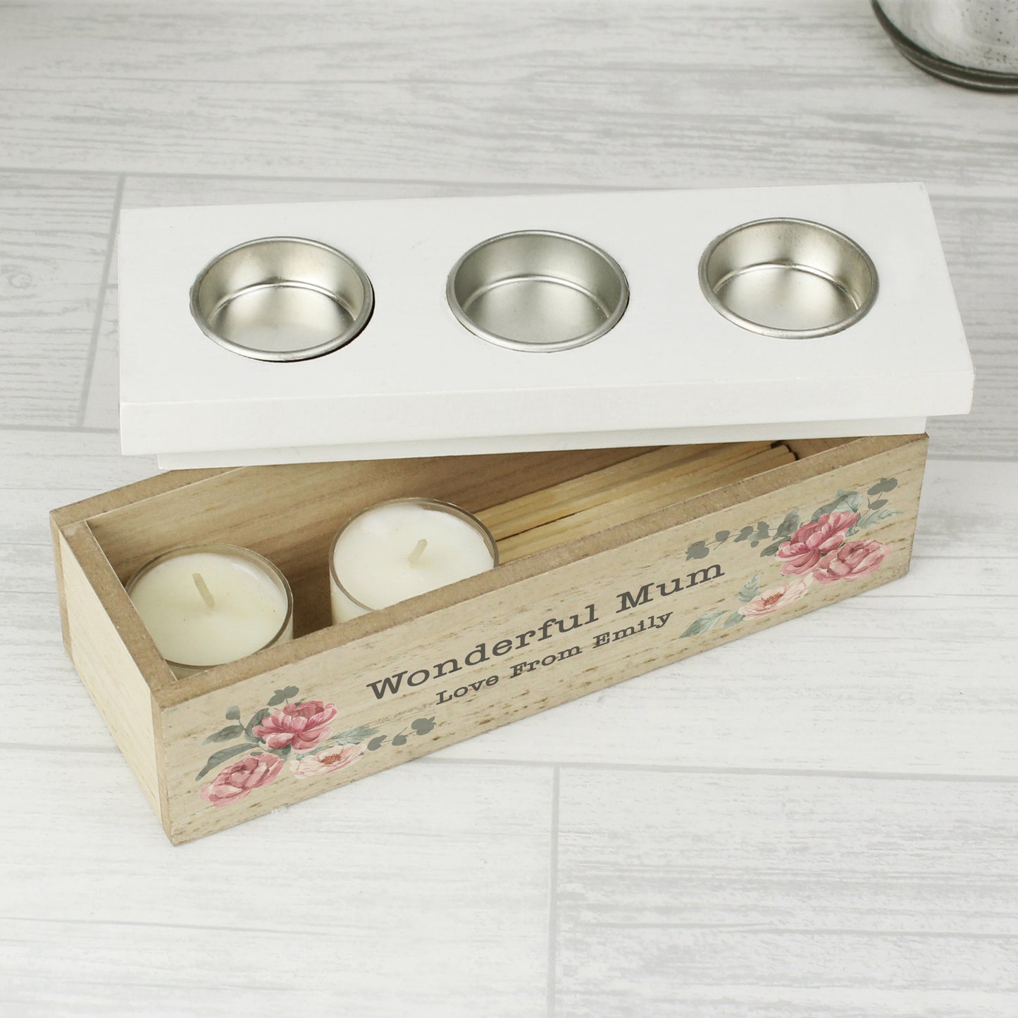 Personalised Mothers Day - Floral Watercolour Triple Tealight Box