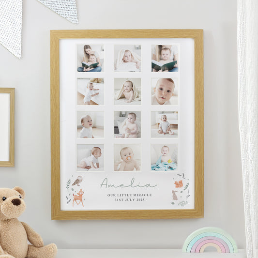 Baby Gift - Personalised Woodland Animal Oak Multi Photo Frame