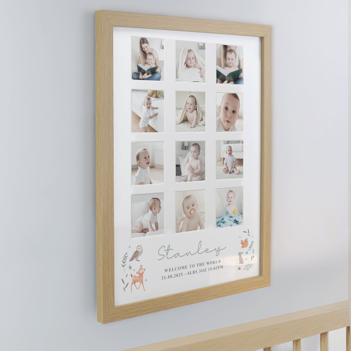 Baby Gift - Personalised Woodland Animal Oak Multi Photo Frame