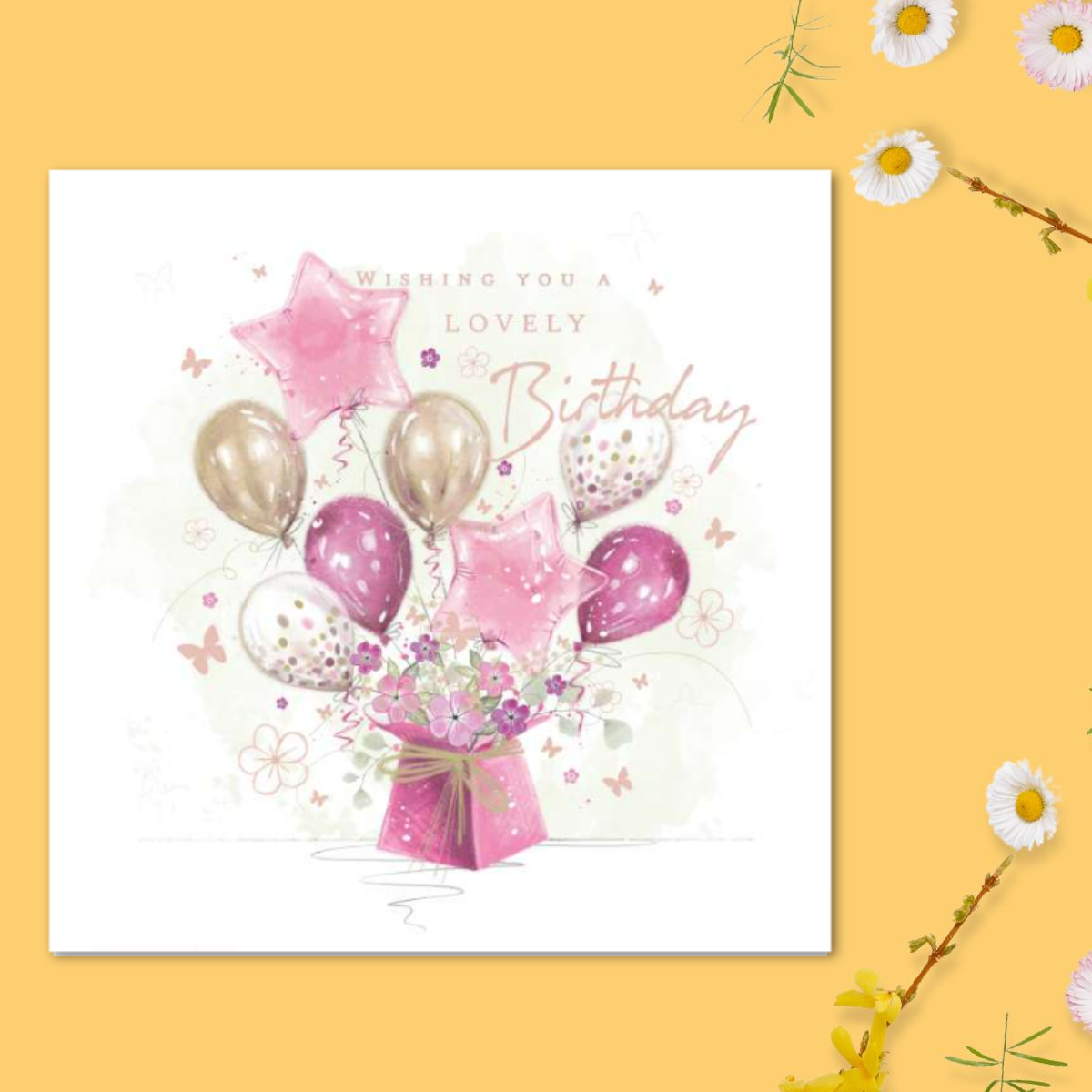 Blush Birthday Card - Balloons & Flowers