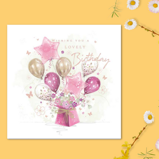 Blush Birthday Card - Balloons & Flowers