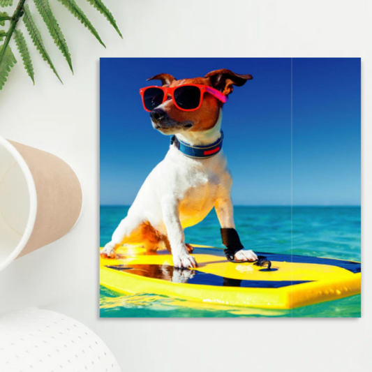 Square blank card with surfing dog in sunglasses