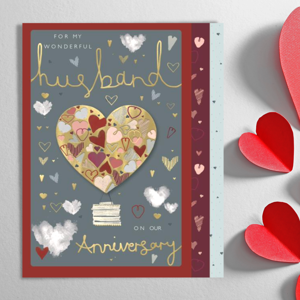 Front image showing large Husband Anniversary Card with multiple pages