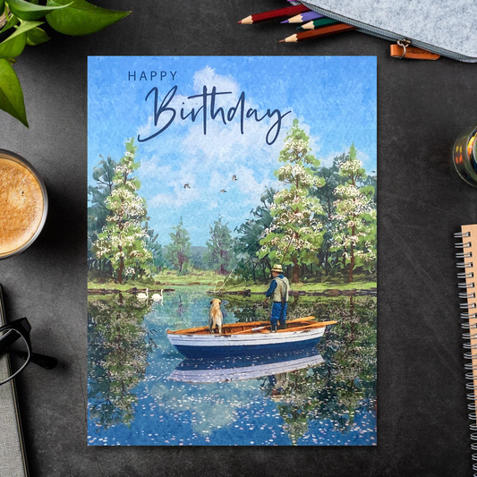 Front image with man in boat with dog fishing. Lake surrounded by trees and swans