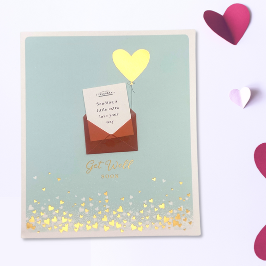 Front image with open envelope, telegram note and gold foil heart