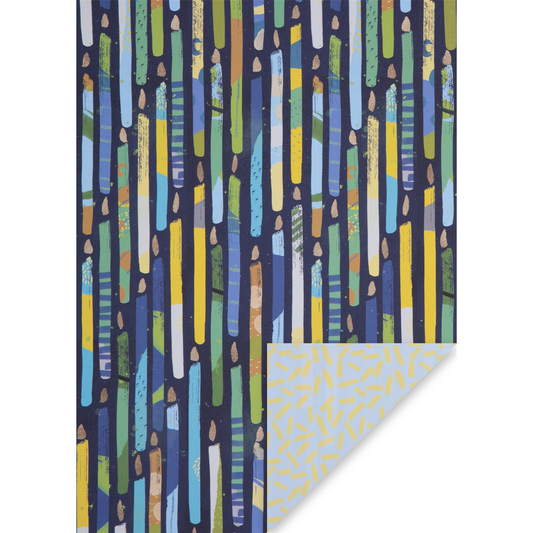Navy giftwrap with blue, green and yellow candles