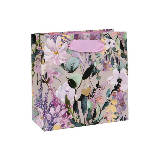 Lilac and gold buddleia print gift bag with lilac ribbons