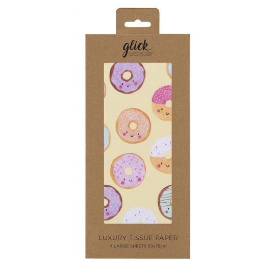 yellow print tissue with pink donuts theme in kraft packaging