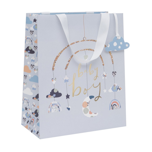 Light blue gift bag with gold foil text and hanging mobile design