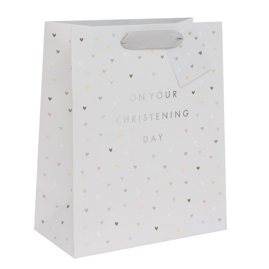 White gift bag with multicolour hearts