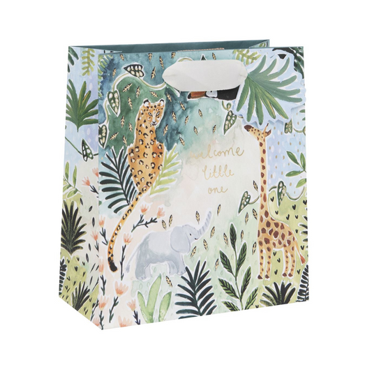 Jungle theme gift bag with matching tag and cream ribbon handles