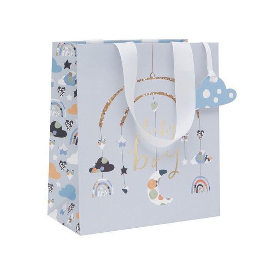 Light blue bag with gold foil text and mobile design