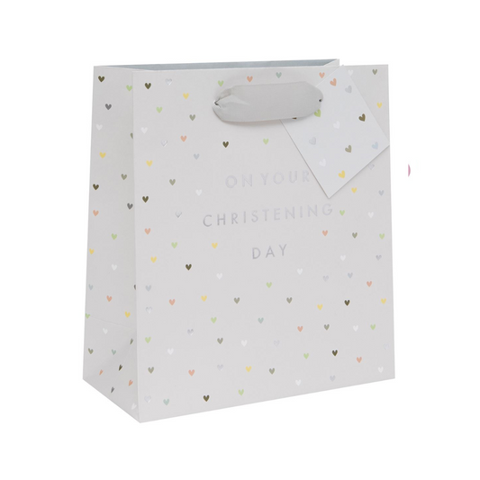 White bag with multicolour hearts and silver foil text