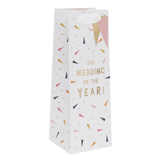 White bottle bag with confetti and gold text