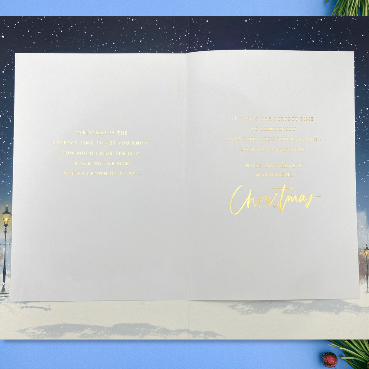 Inside image with snow background and gold foil text