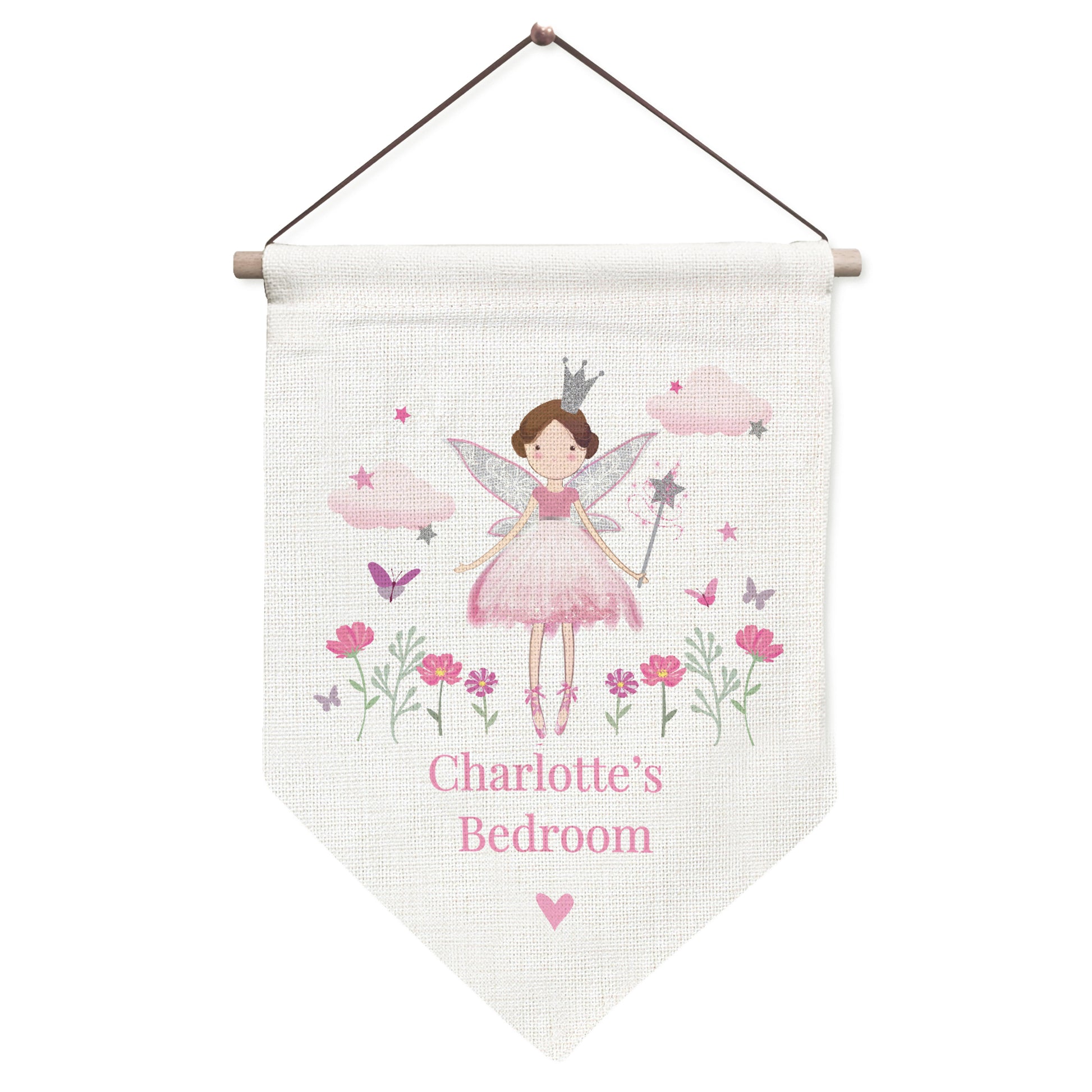 Decorative banner with fairy design and 'Charlotte's Bedroom' text on a white background