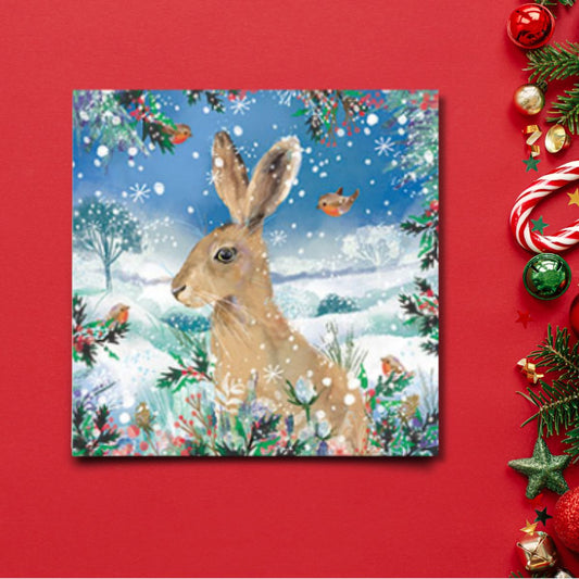 Charity Christmas Cards - 6 x Hare & Red Robins