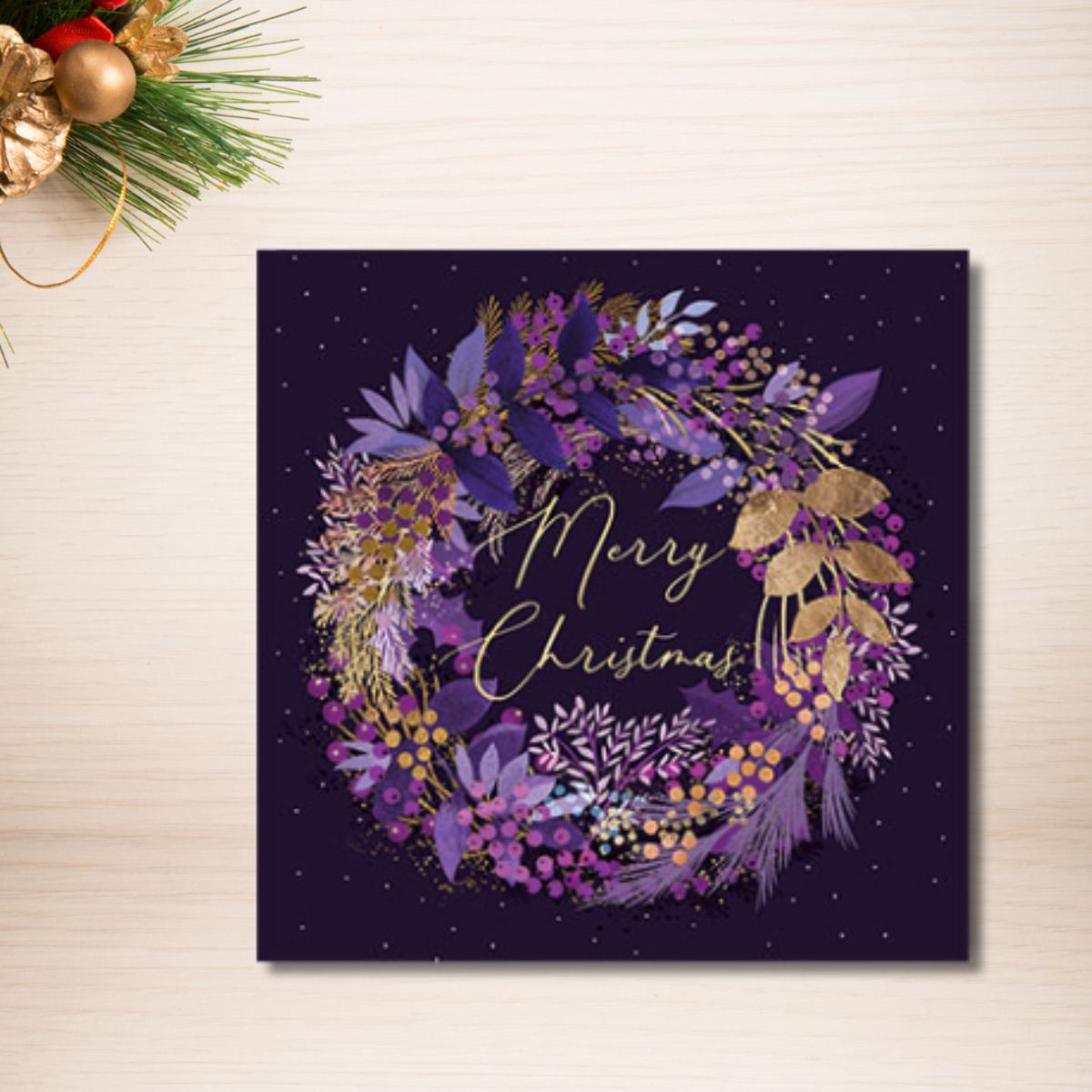 Charity Christmas Cards - 8 x Gold & Purple Wreath