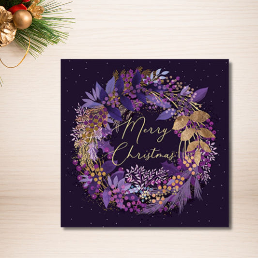 Charity Christmas Cards - 8 x Gold & Purple Wreath