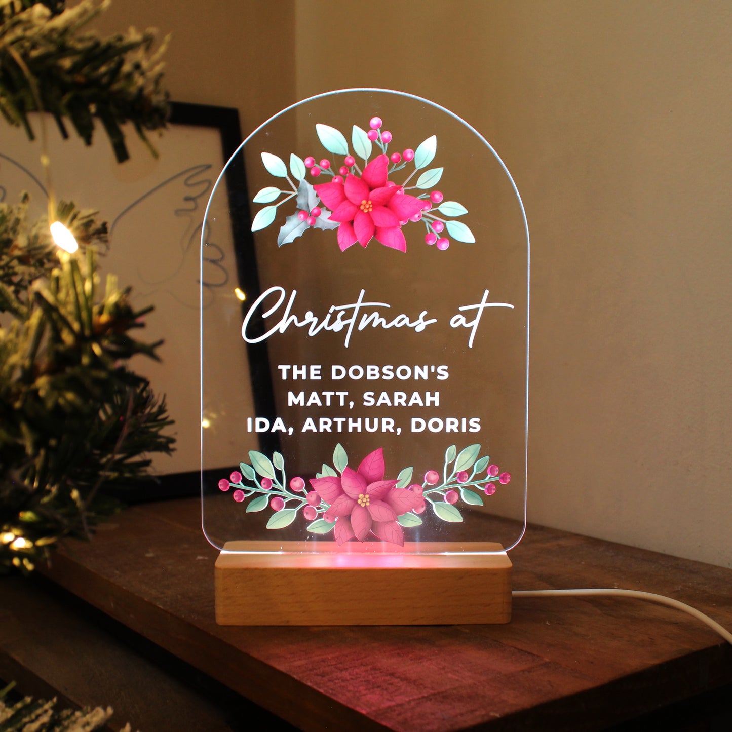 Personalised Christmas Poinsettia Wooden Based LED Light