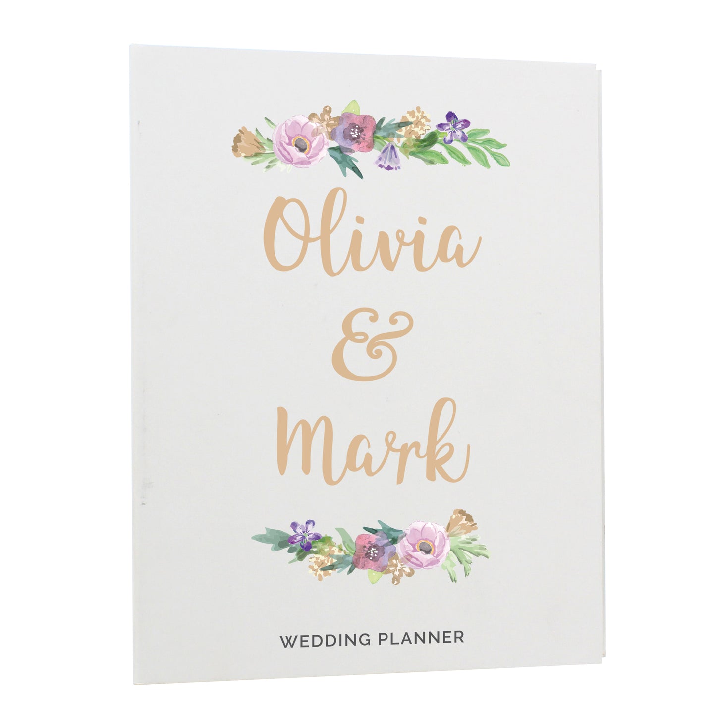 Wedding planner book with floral design and 'Olivia & Mark' text on a white background