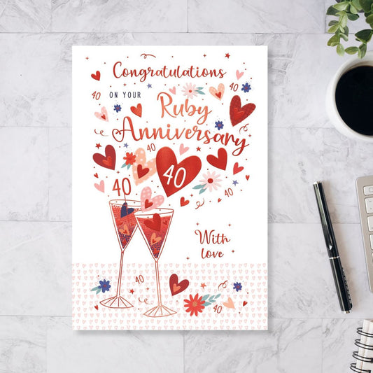 Ruby Wedding Anniversary Card - 40th Red Hearts