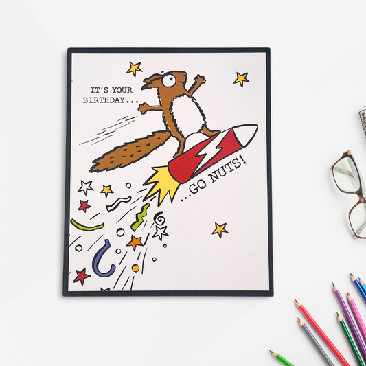 Doodle Birthday Card - Rocket Squirrel