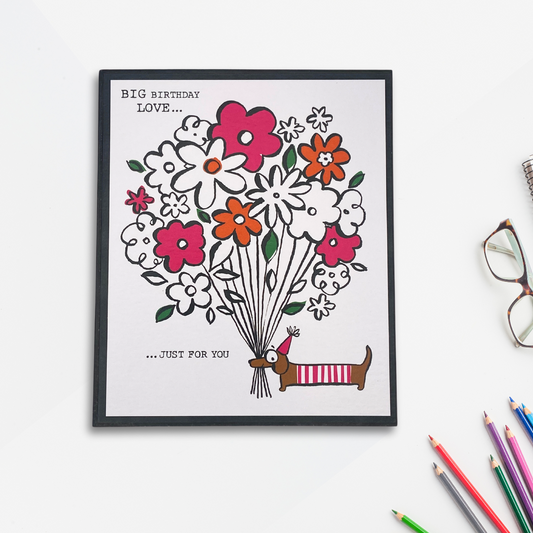 Doodle Birthday Card - Sausage Dog & Flowers