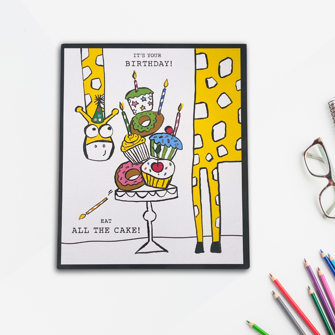 Doodle Birthday Card - Giraffe Eat All The Cake!