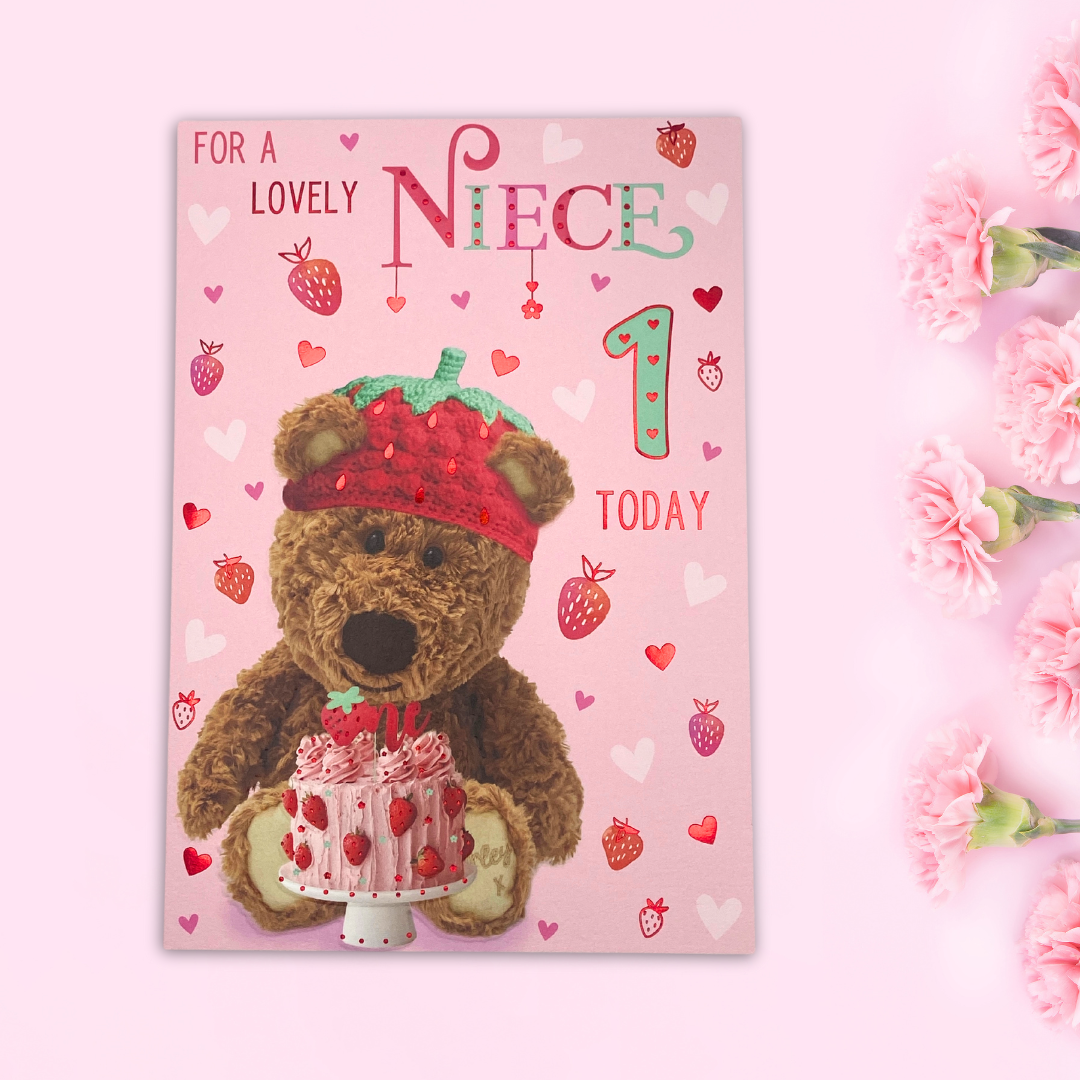 Niece 1st Birthday Card - Barley Bear & Strawberry Cake