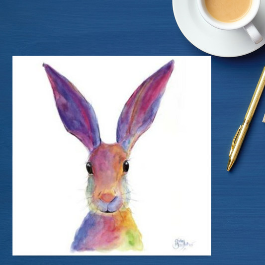Square card with rainbow watercolour illustrated bunny