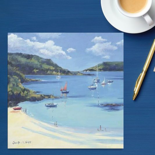 Square card with illustration of Salcombe beach
