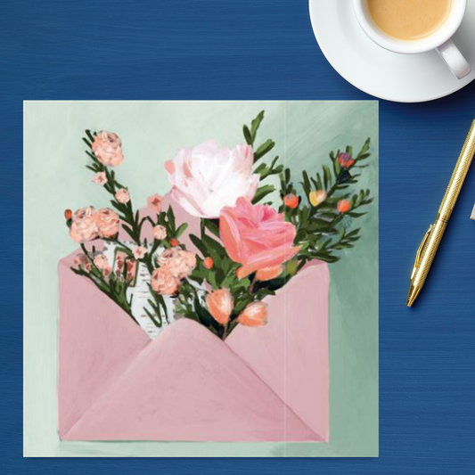 Square card with pink envelope full of flowers
