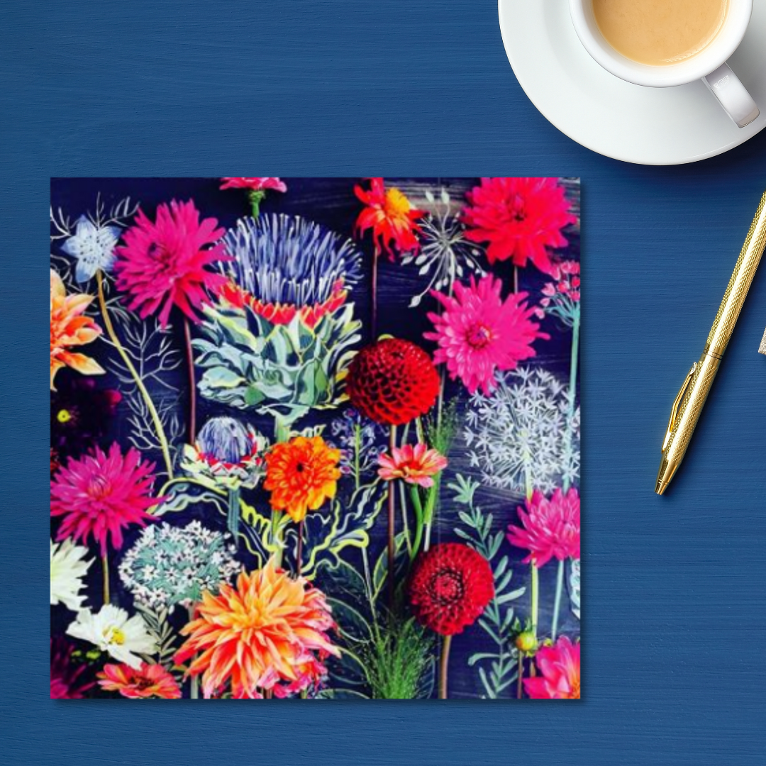 Square card with multiple Dahlias 