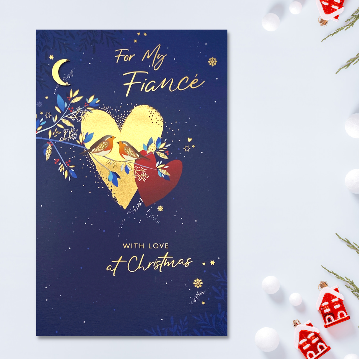 Navy card with red and gold heart and robins