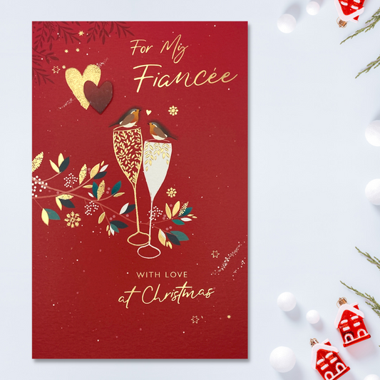 Red card with two robins on flutes with hearts and floral details